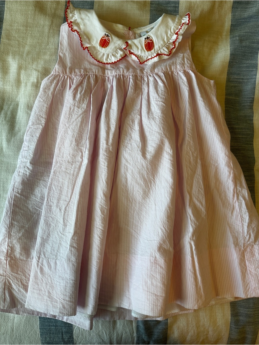 Busy Bee Smocks Girls Pink Striped Dress with Embroidered Pumpkin Collar